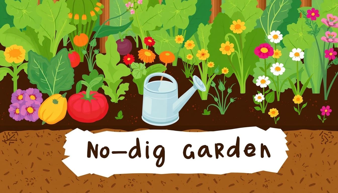 No-dig garden with vegetables, flowers, watering can, and mulch