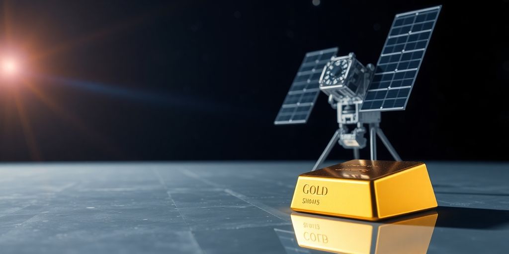 Satellite et lingots d'or scintillant sous la lumière.