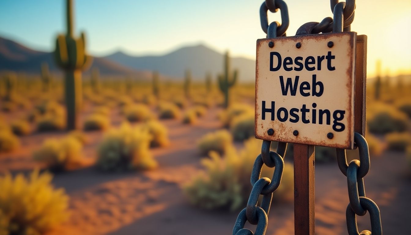 Chain links with a sign 'Desert Web Hosting' in desert.