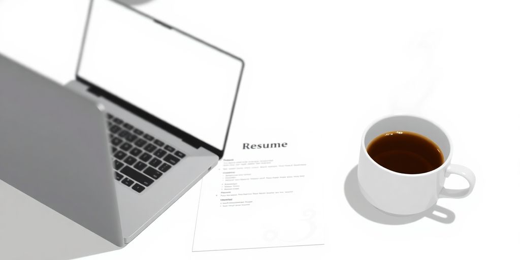 Laptop, resume, and coffee on a desk.