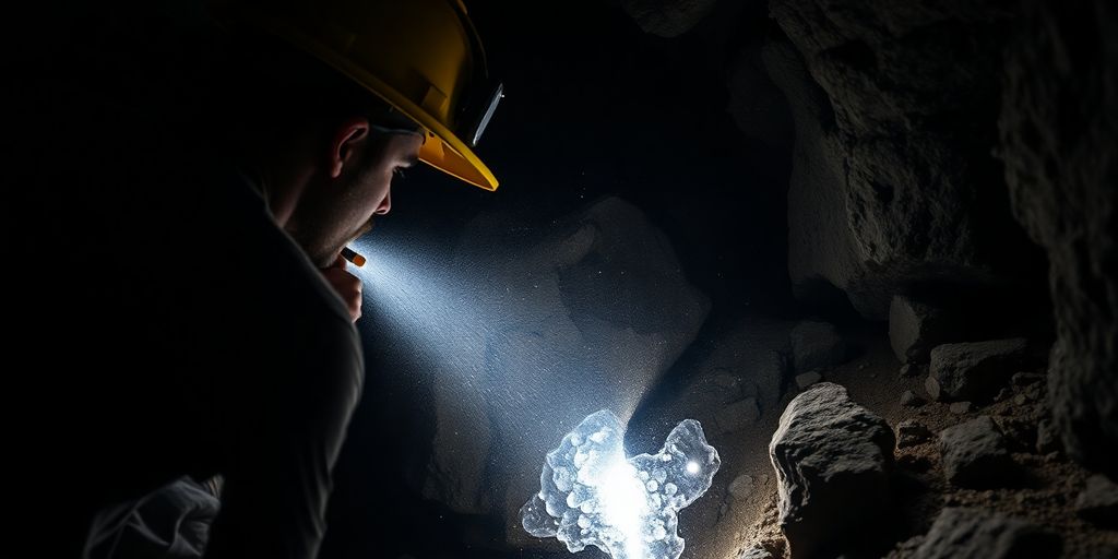 Mineur travaillant près d'un filon d'argent brillant.