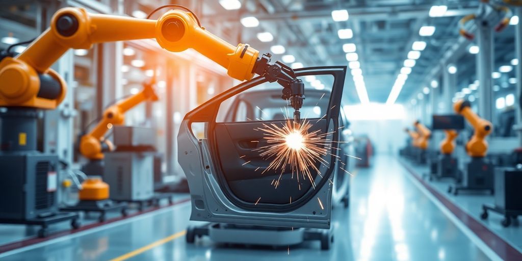 Robotic arm assembling cars, factory floor