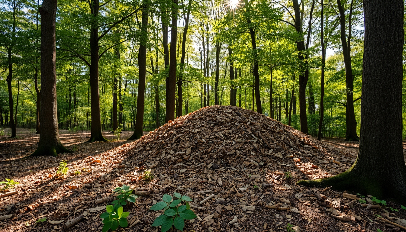 Mulch chips between trees after tree cutting services.