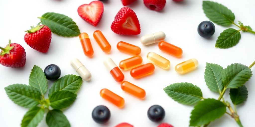 L-Arginine capsules with fruits and greens on white background.