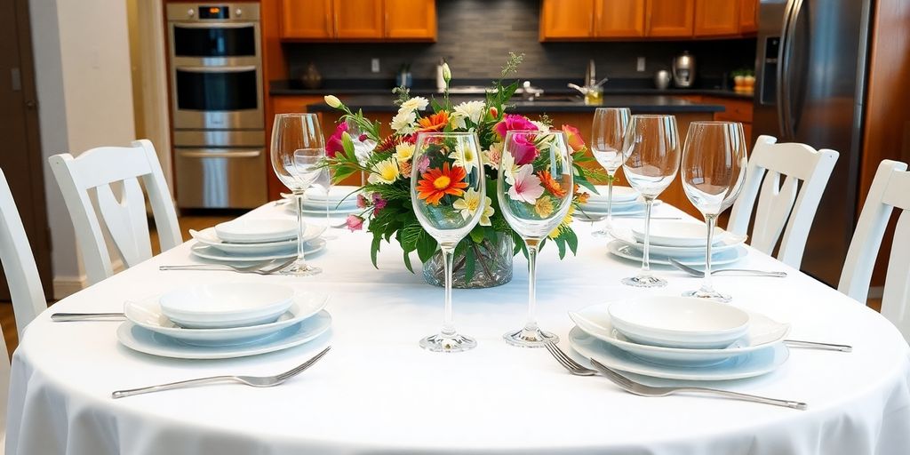 Dining table with various kitchen items.