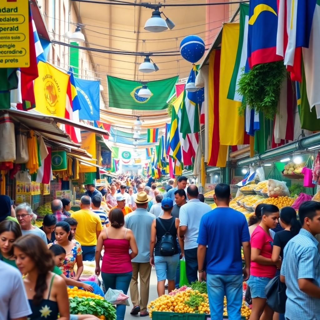 Mercado brasileiro cheio de pessoas e atividades econômicas.