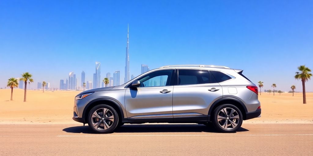 Silver SUV parked on desert road, Dubai skyline.