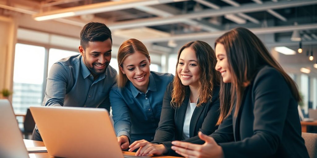 Group of professionals collaborating over a laptop.