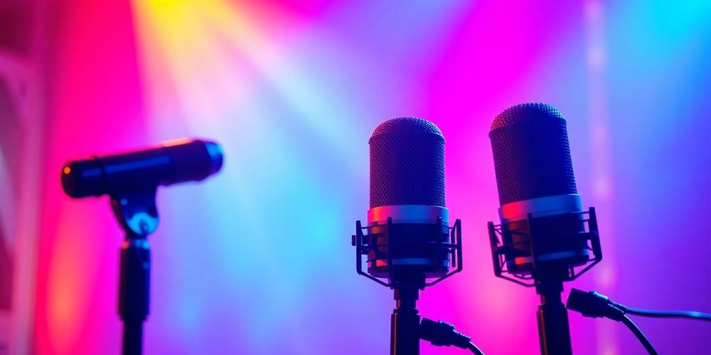 Podcast microphones with glowing sound waves.