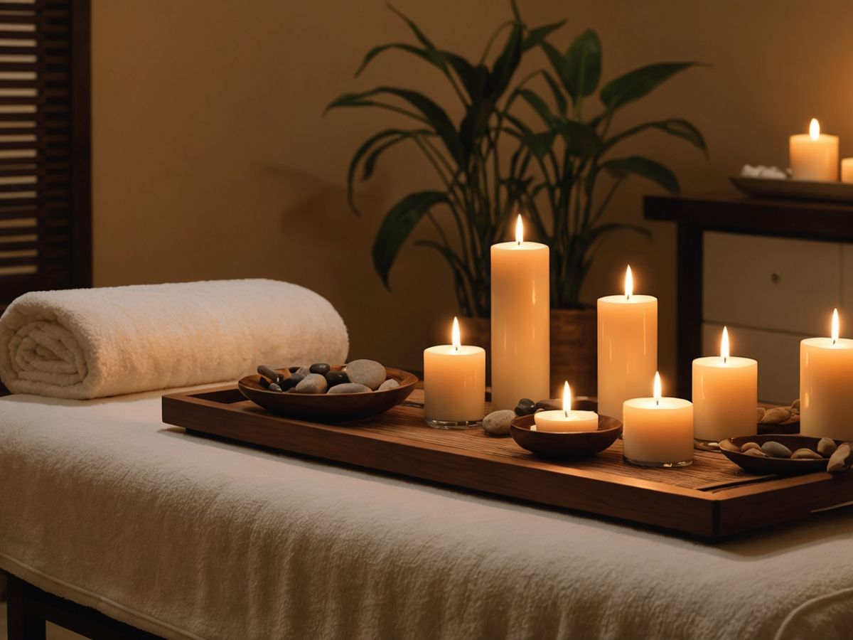 Serene spa with massage table and candles.
