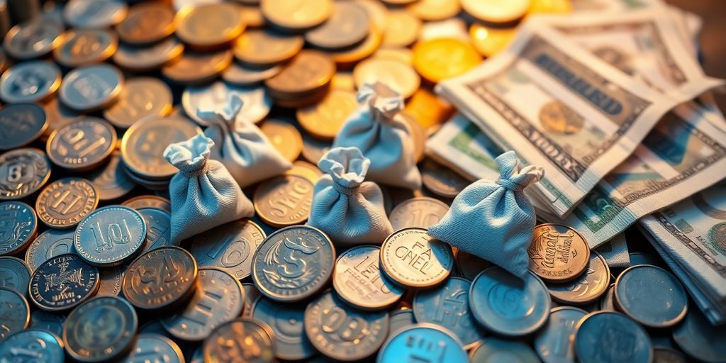 Coins and bills with tiny money bags.
