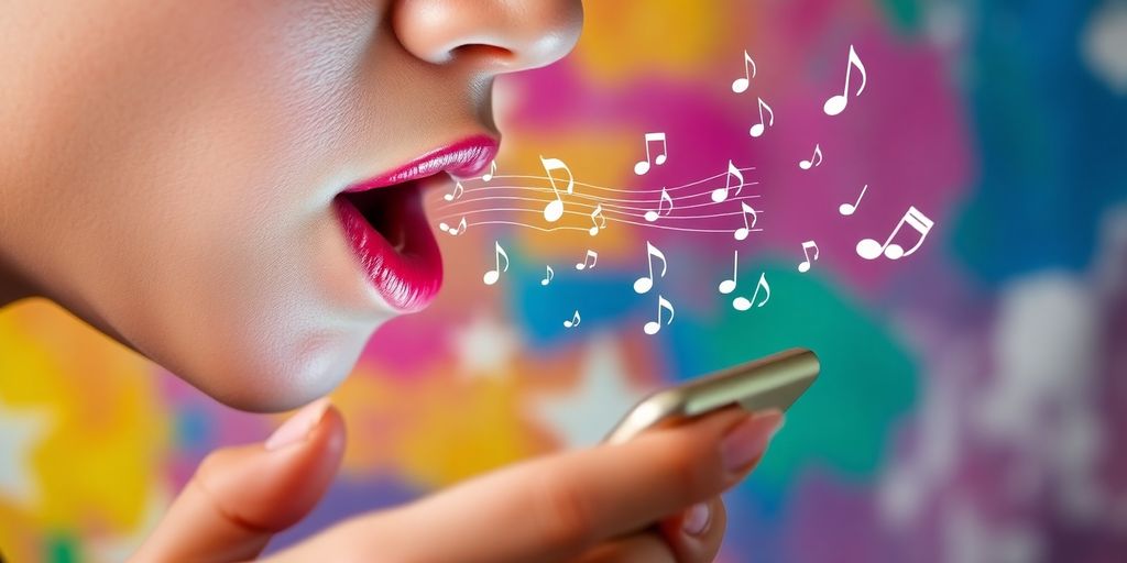 Person humming into a smartphone with musical notes.