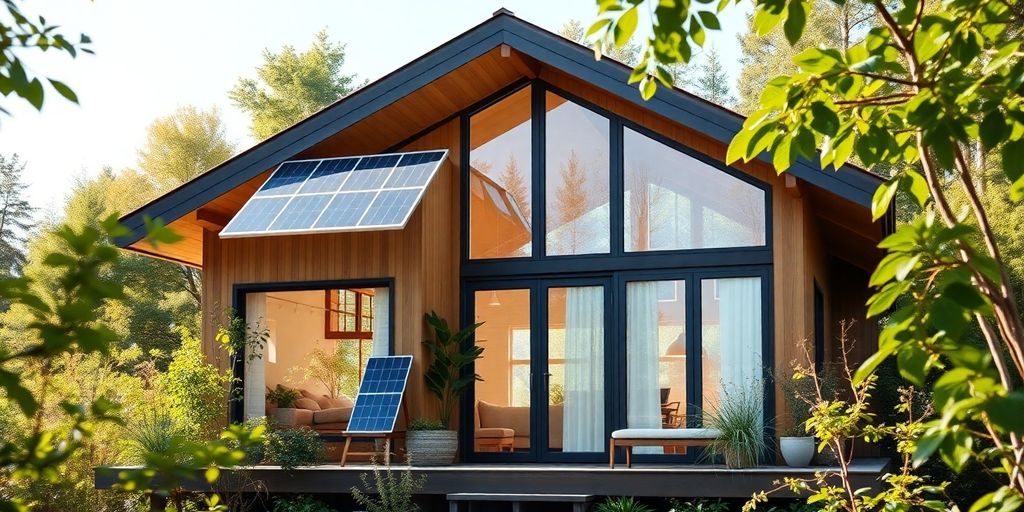 Duurzaam huis met zonnepanelen en groen landschap.