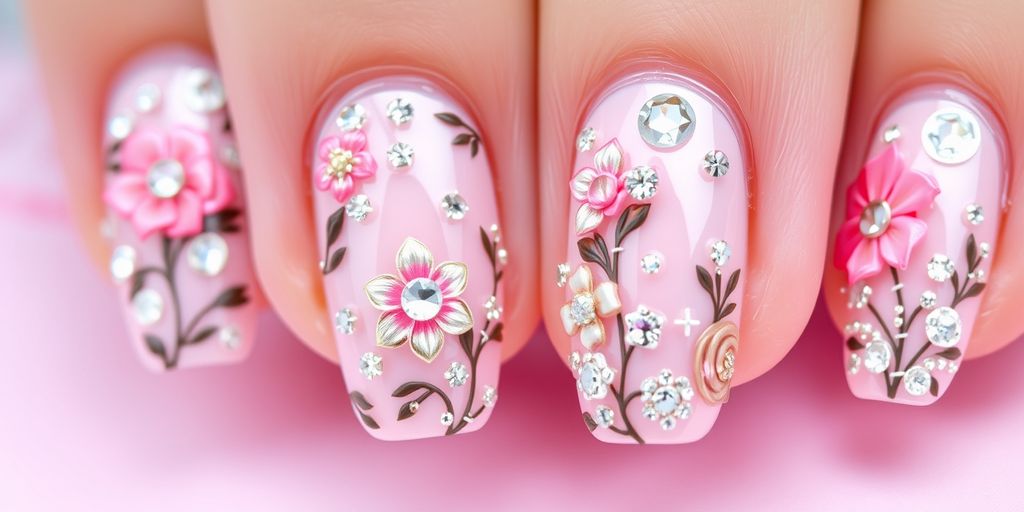 Unhas de gel decoradas com flores e brilhantes.