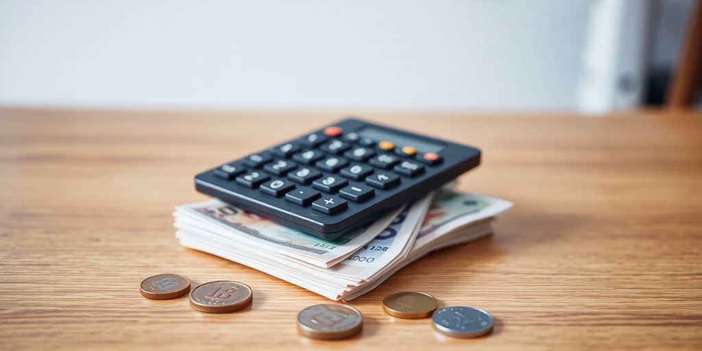 Clean desk with calculator, crisp banknotes, and scattered coins.