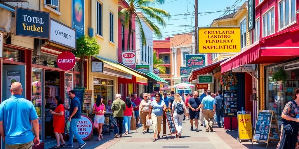 Busy local street with diverse storefronts and community interaction.