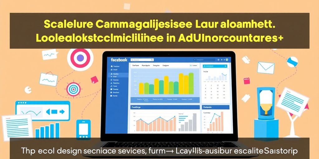 Imagem de marketing digital com laptop e elementos visuais.