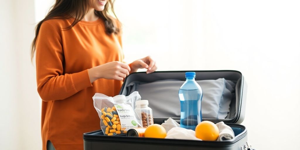 Immune Support While Traveling 3 Woman packing, healthy items, suitcase, sunny window.