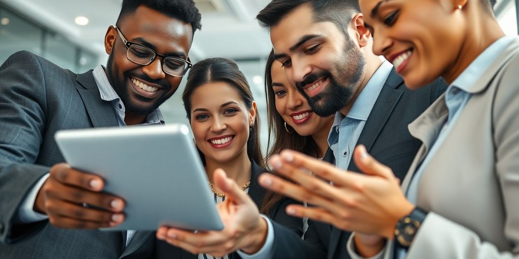 Business people interacting with a digital interface.