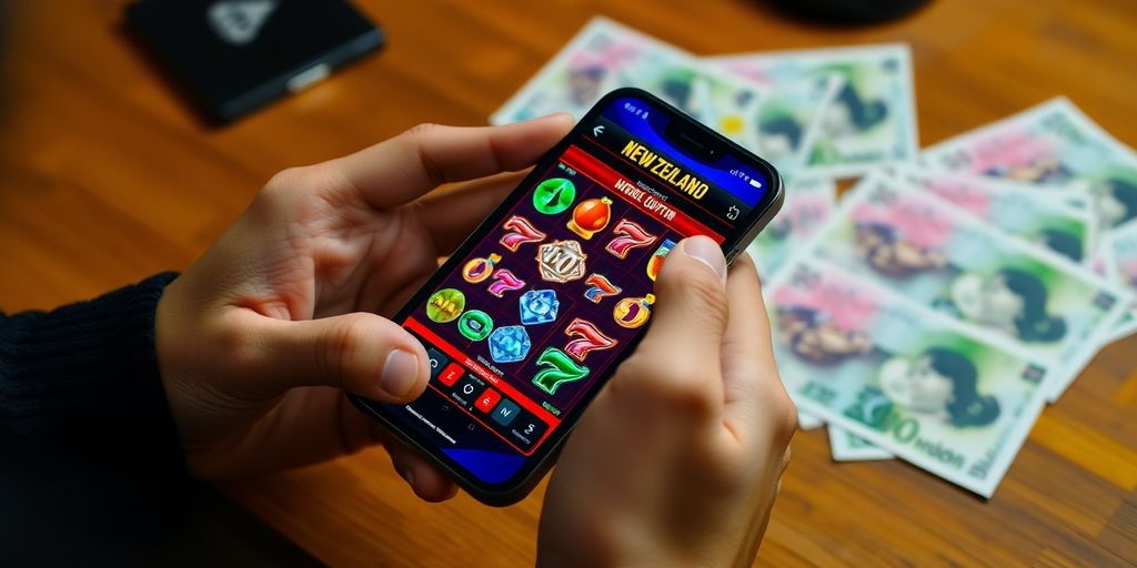 Mobile phone showing casino game, New Zealand money.