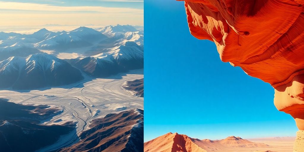 Aerial view of Alaskan glaciers and Valley of Fire canyons.