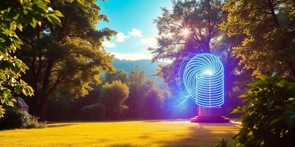 A glowing Tesla coil in a serene landscape.