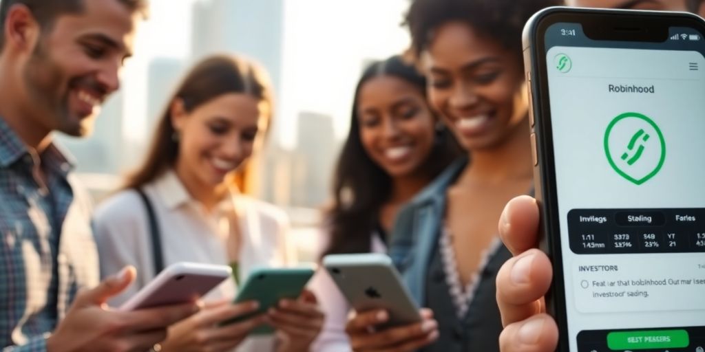 Robinhood app on phone, diverse investors, city backdrop.