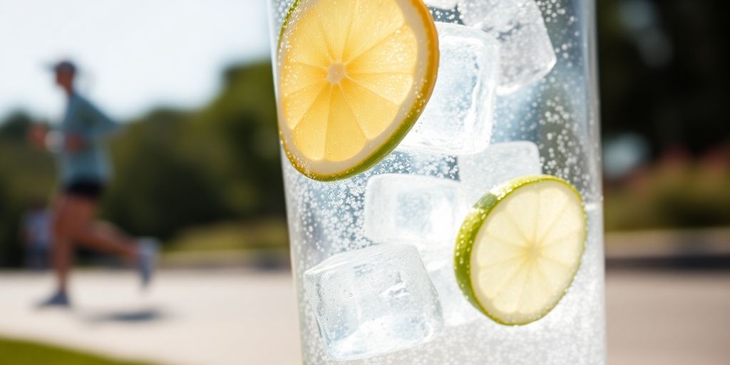 Sparkling water glass, fresh fruit, active person.