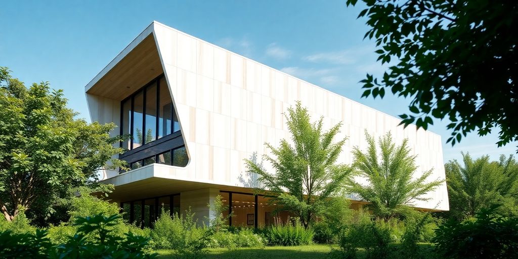 Modern building with PU sandwich panels and greenery.