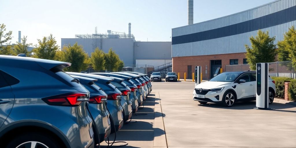 Electric vehicles charging at a factory's charging station.