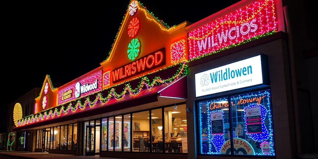 Wildwood commercial building illuminated with vibrant Christmas lights.