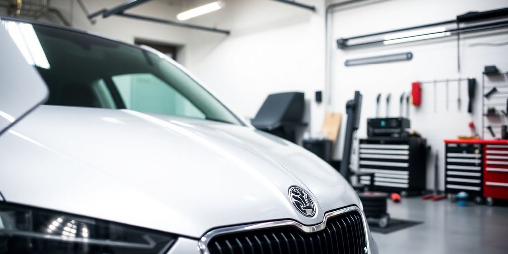 Skoda auto parts and tools in a clean garage