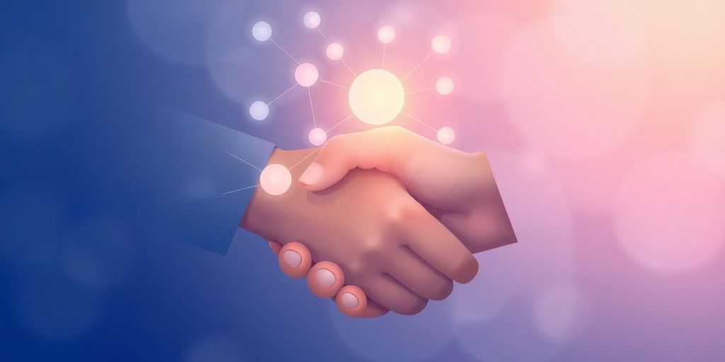 Two hands shaking, network connections