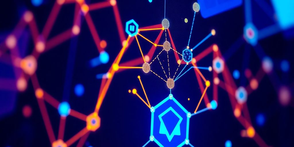 Digital screen with blockchain elements and vibrant colors.