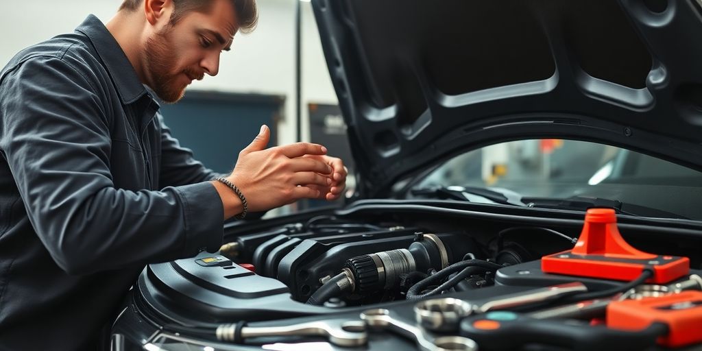 Mechanic inspecting car engine with tools.