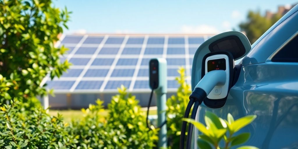 Solar panels powering EV charger.