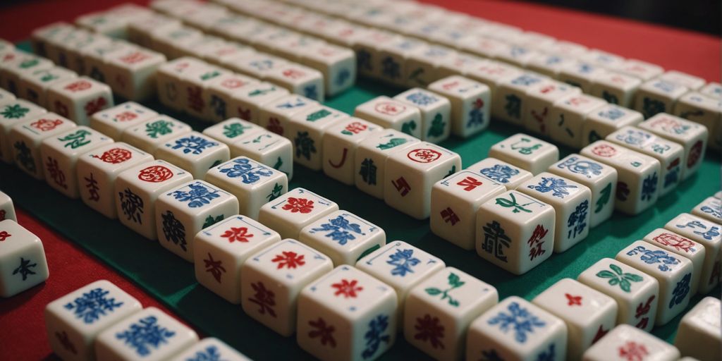 Complete Mahjong set with all tiles arranged, showing various suits and honors in a neat layout.
