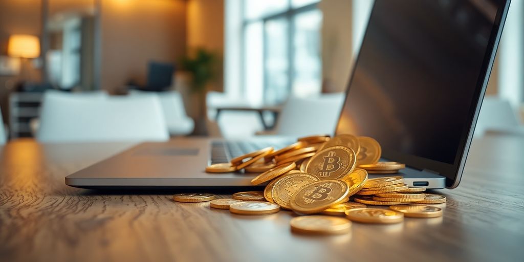 Digital coins spilling from a laptop.
