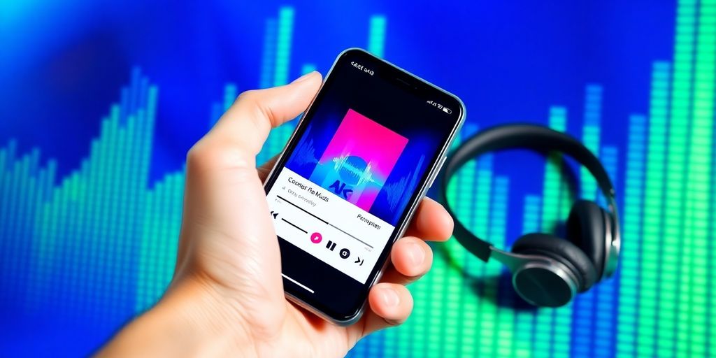 Person holding phone, music app, headphones, bright colors.