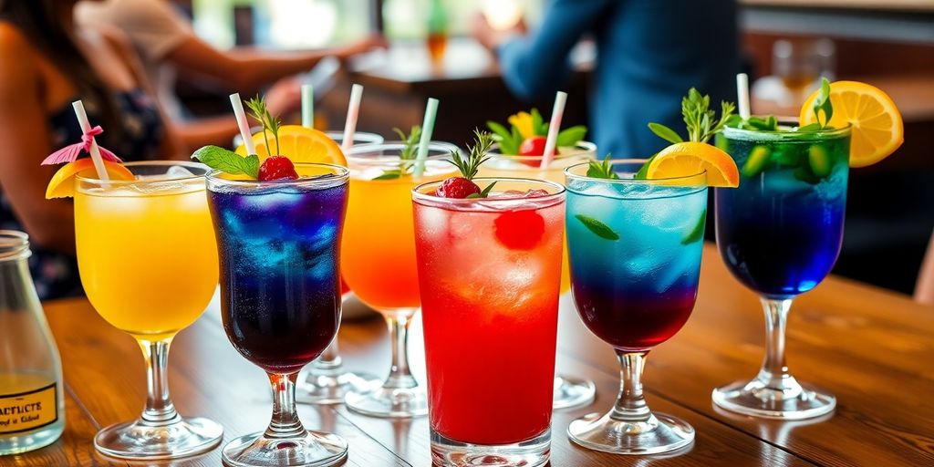 Colorful non-alcoholic drinks in elegant glasses on table.