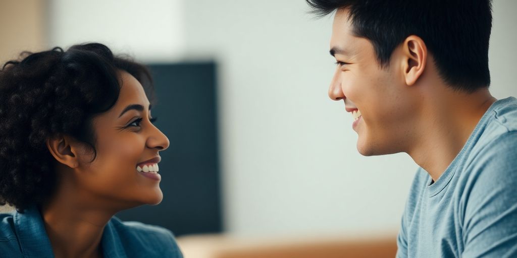 Two people talking with smiles
