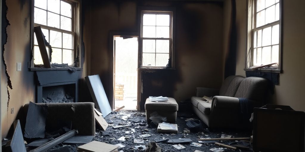 Interior of a fire-damaged home with charred walls.