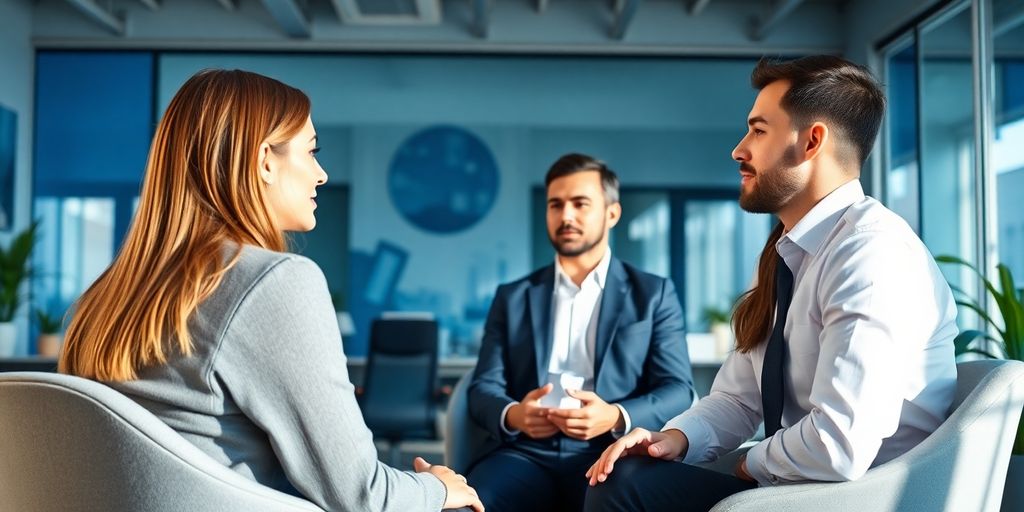 Professionelles Büro mit Vorstellungsgespräch und blauen Akzenten.