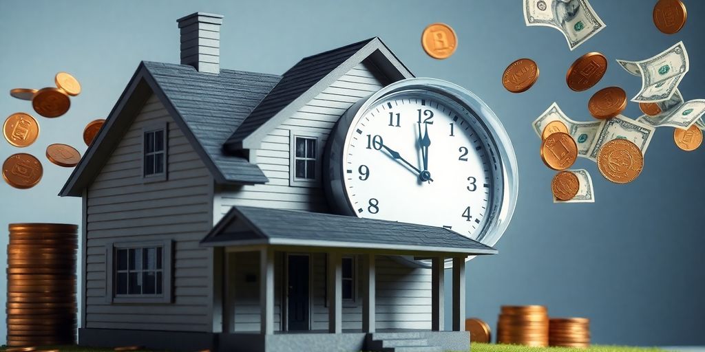 House with a clock and money flowing.