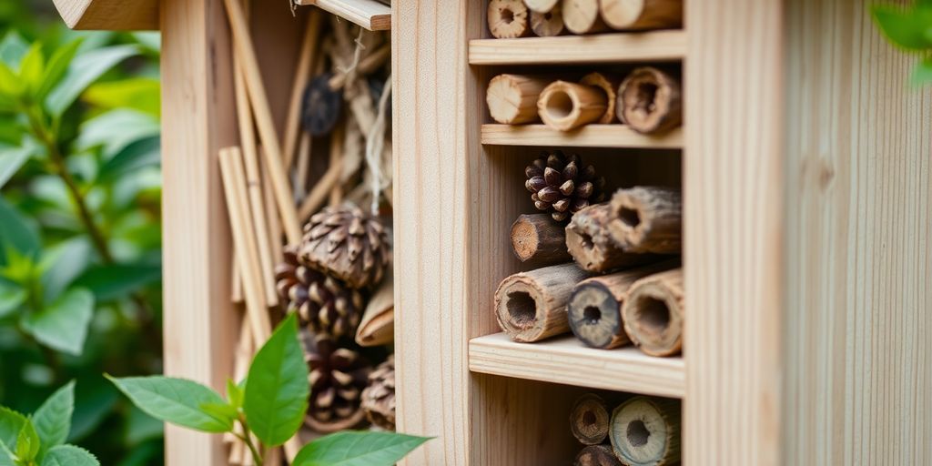 Nahaufnahme eines selbstgebauten Insektenhotels im Garten