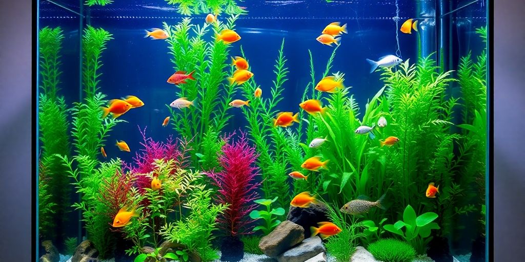 色彩斑斓的鱼在郁郁葱葱的水族箱中游泳。
