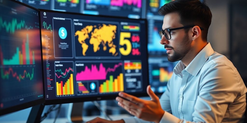 Business person analyzing social media trends on a computer.