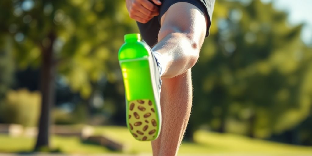 Runner stretching with supplement bottle on track.