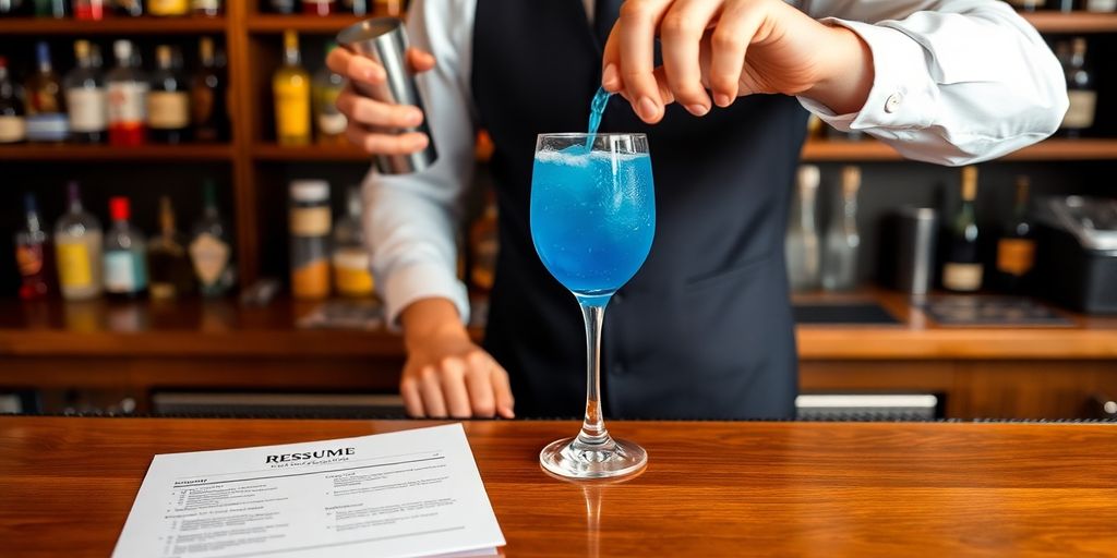 Bartender serving drink, resume beside it.