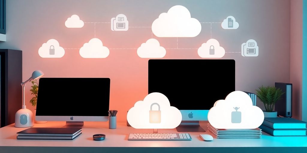 Organized digital storage with cloud icons and files.